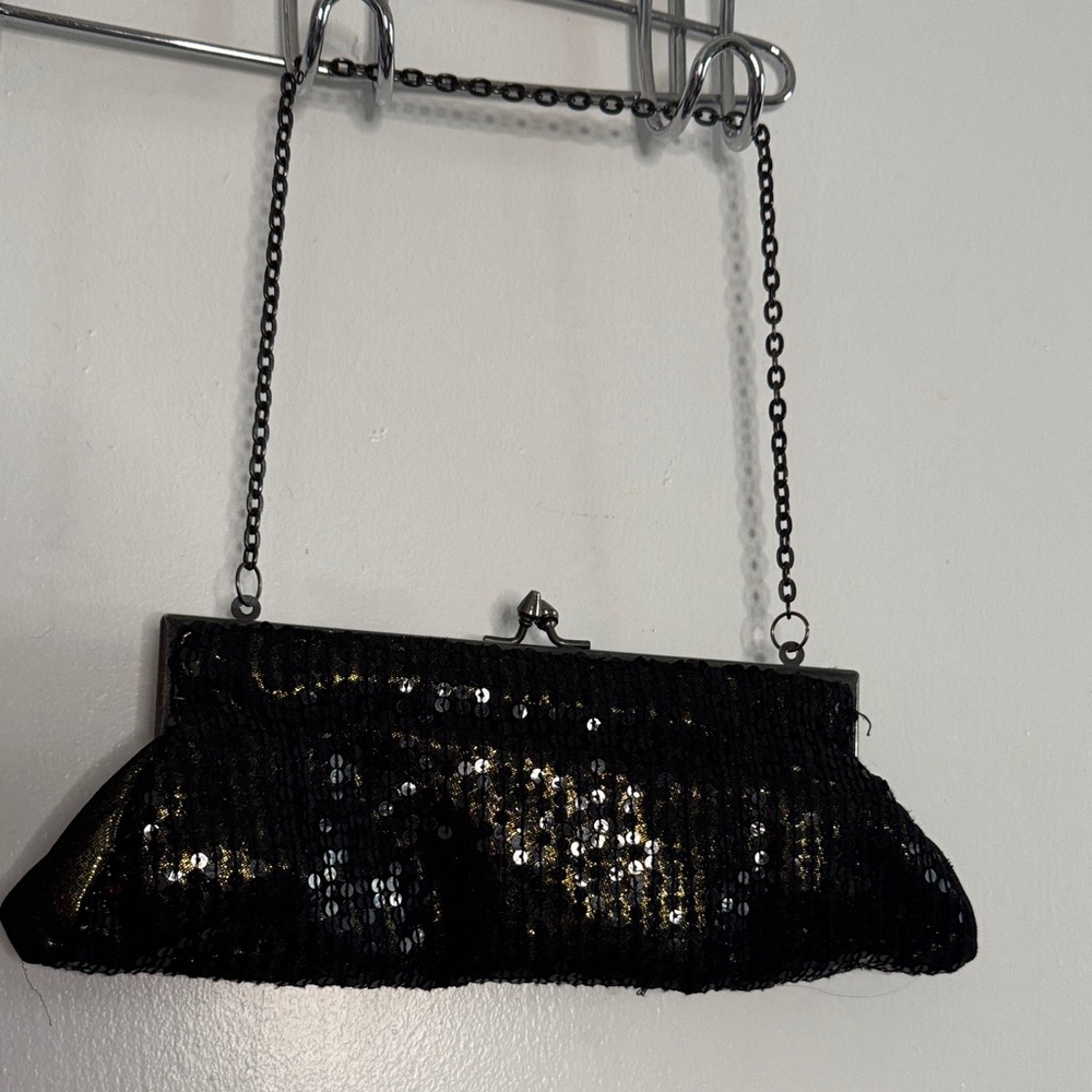 White House Black Market Black Sequin Floral Chain Clutch - Picture 5 of 5